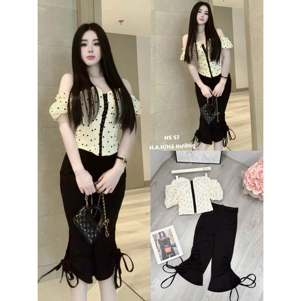 Set áo chấm bi bèo trễ vai phối khoá mix quần ống loe siu hách dáng S01