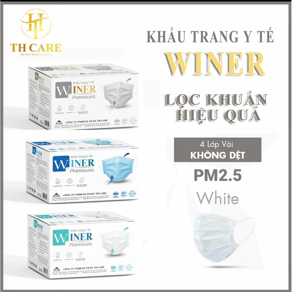 Hộp 50 cái khẩu trang y tế 4 lớp Winer lọc khuẩn không xù chống tia UV, mang đi tiện lợi