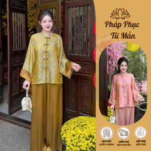 Pháp phục đi chùa Châu Sa gấm tằm hoa cao cấp Đồ lam đi chùa cách tân dài tay cổ trụ lụa gấm mềm mịn
