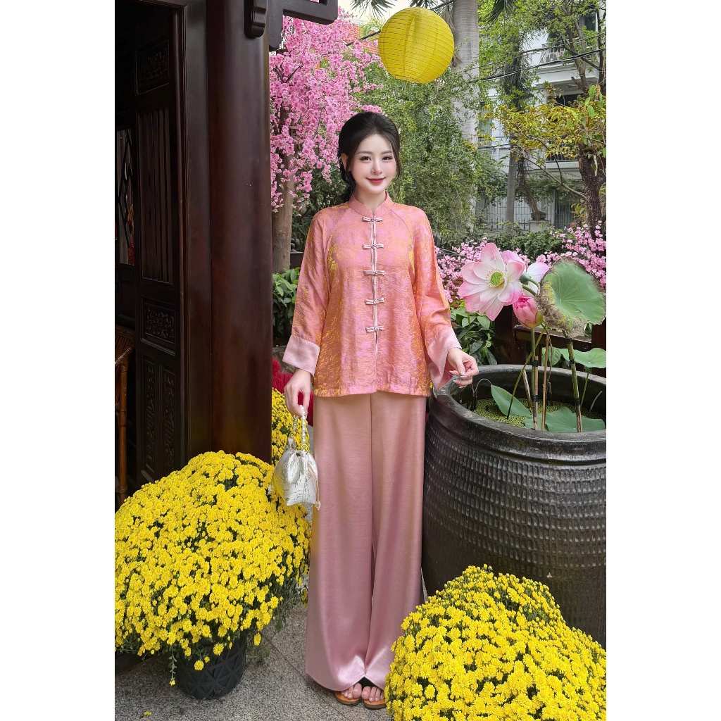 Pháp phục đi chùa Châu Sa gấm tằm hoa cao cấp Đồ lam đi chùa cách tân dài tay cổ trụ lụa gấm mềm mịn
