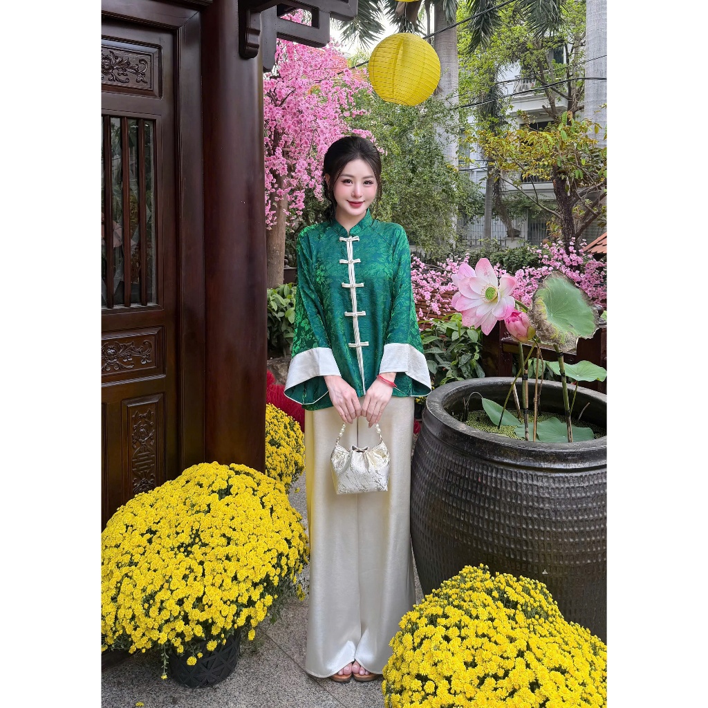 Pháp phục đi chùa Châu Sa gấm tằm hoa cao cấp Đồ lam đi chùa cách tân dài tay cổ trụ lụa gấm mềm mịn