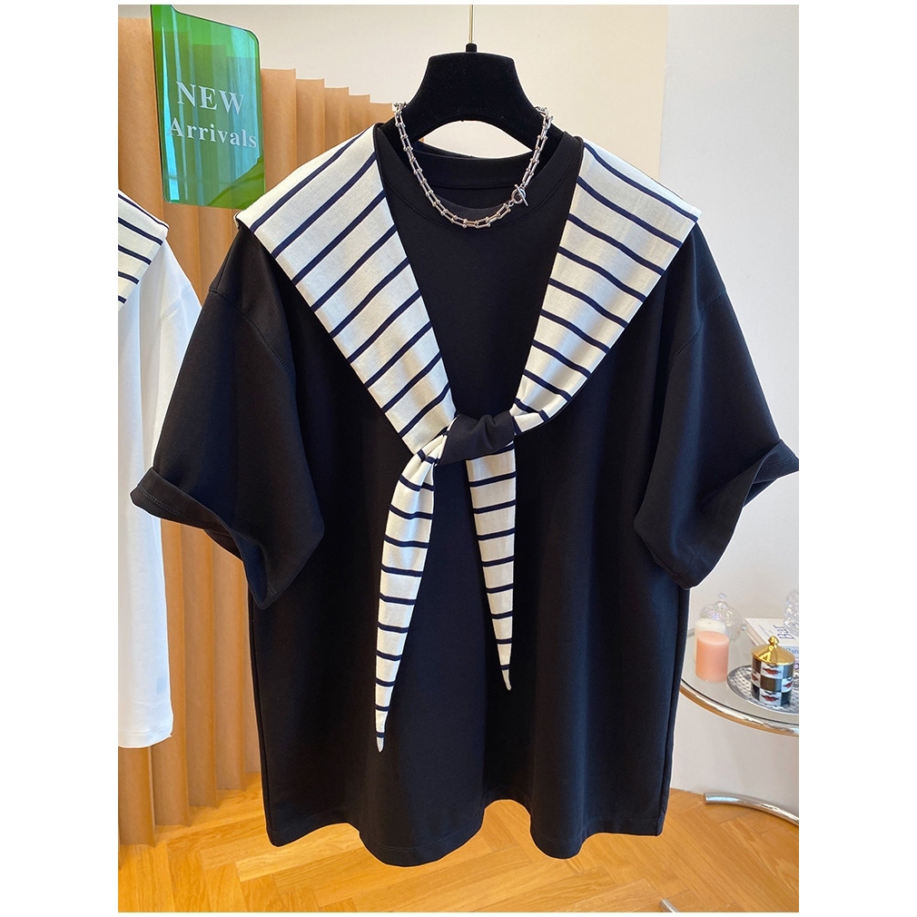 Áo Phông Cộc Tay Nữ Tính Quàng Khăn Kẻ Sọc Chất Cotton 4 Chiều Mềm Mát Cao Cấp