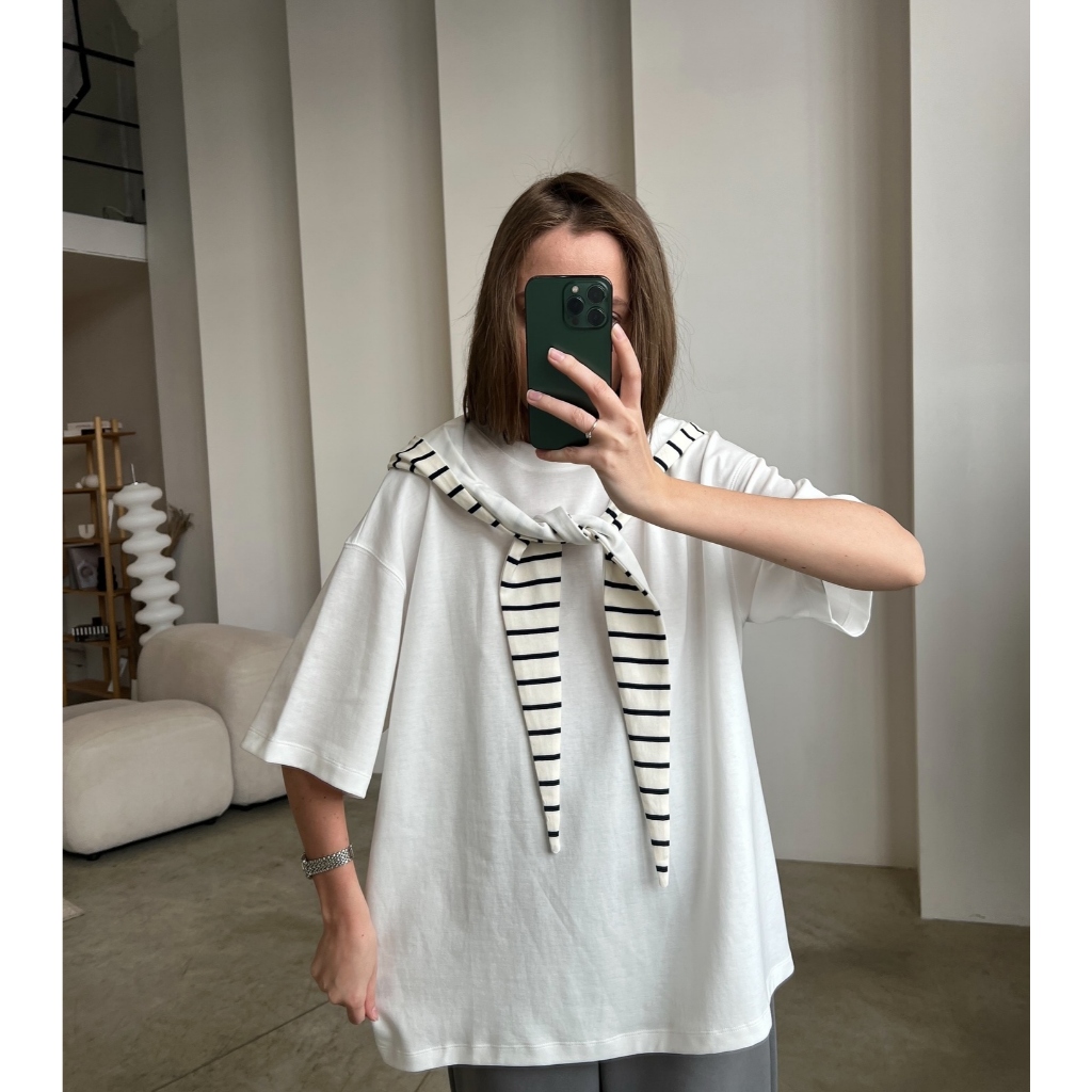 Áo Phông Cộc Tay Nữ Tính Quàng Khăn Kẻ Sọc Chất Cotton 4 Chiều Mềm Mát Cao Cấp