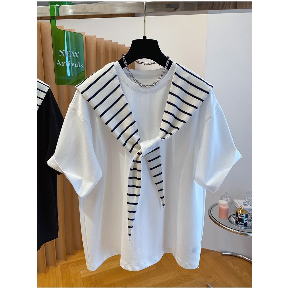 Áo Phông Cộc Tay Nữ Tính Quàng Khăn Kẻ Sọc Chất Cotton 4 Chiều Mềm Mát Cao Cấp