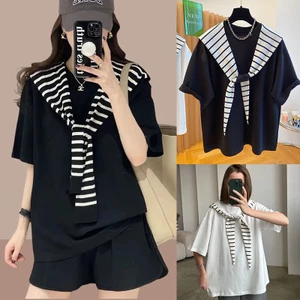 Áo Phông Thuỷ Thủ Quàng Khăn Kẻ Sọc Nữ Tính Basic Chất Cotton Mềm Mát Siêu Co Dãn