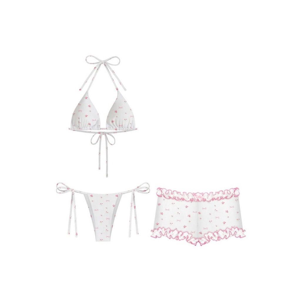 Set 2 Mảnh Buộc Dây Nơ 3 Chi Tiết Màu Trắng Quần Viền Hồng Kèm Đệm Mút❤️(order 7-15n)