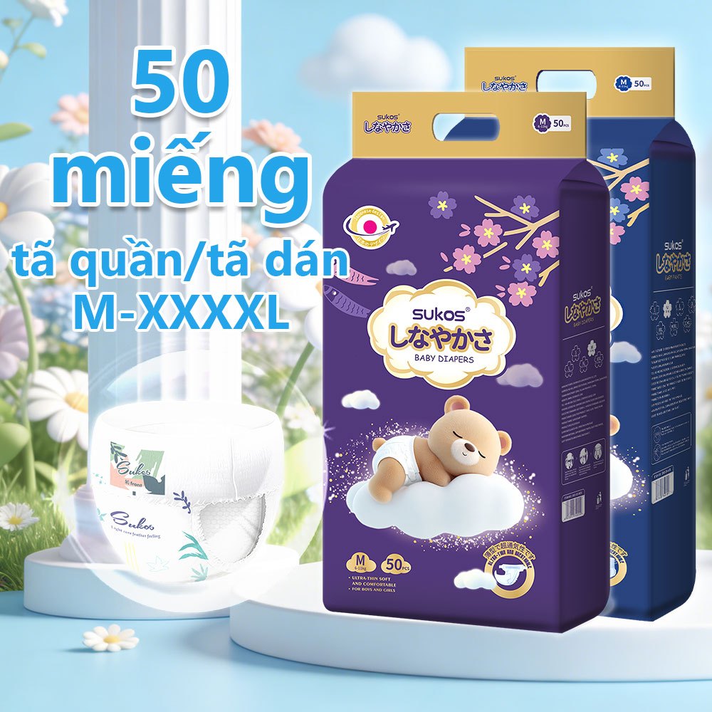 SUKOS Tã bỉm quần size M-XXXXL 50 miếng  cao cấp siêu thấm hút mềm mại chống tràn an toàn cho bé đủ