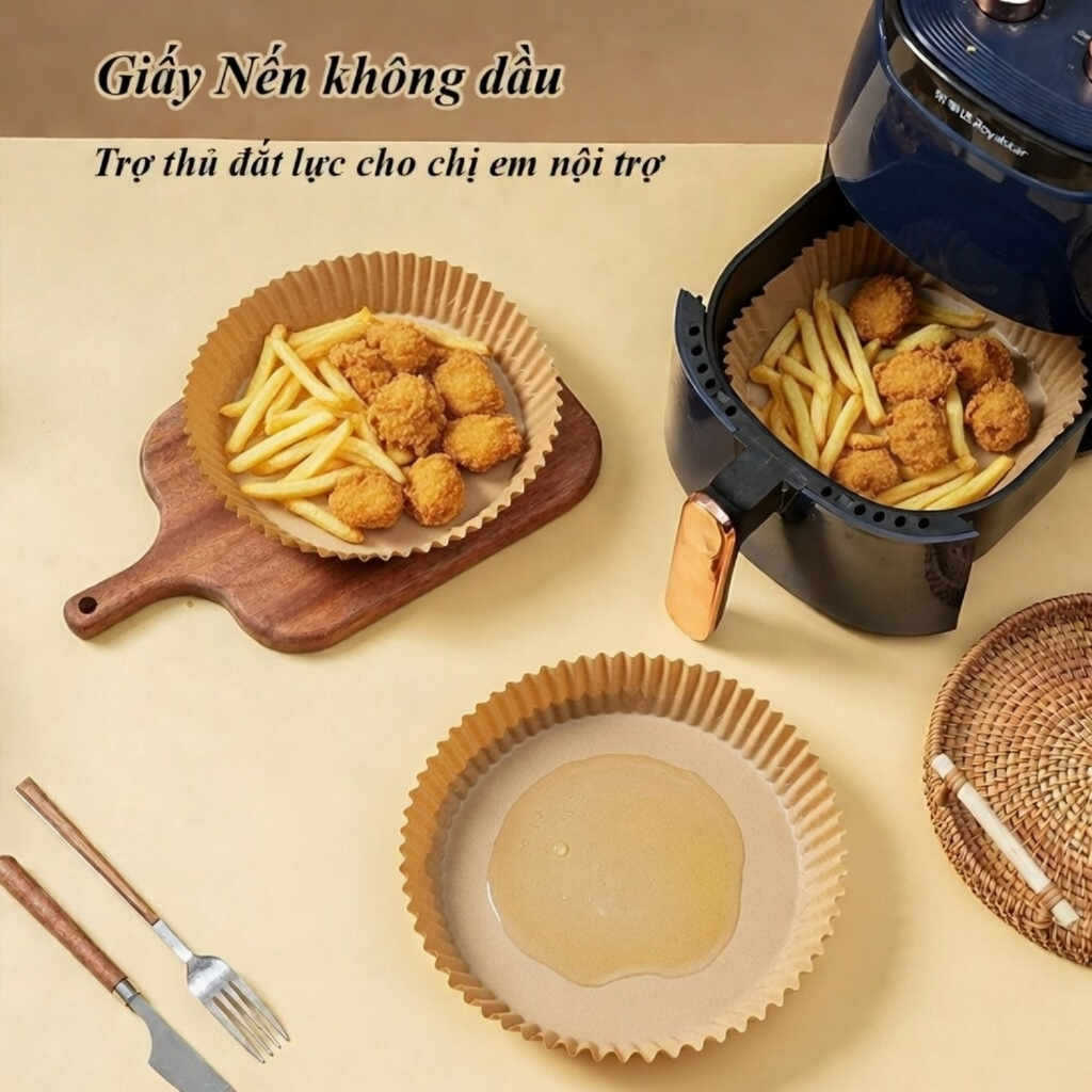 Combo 200 giấy lót nồi chiên ko dầu tròn, giấy nến nồi chiên không dầu, giấy nến nướng bánh tròn GN100 Famistar
