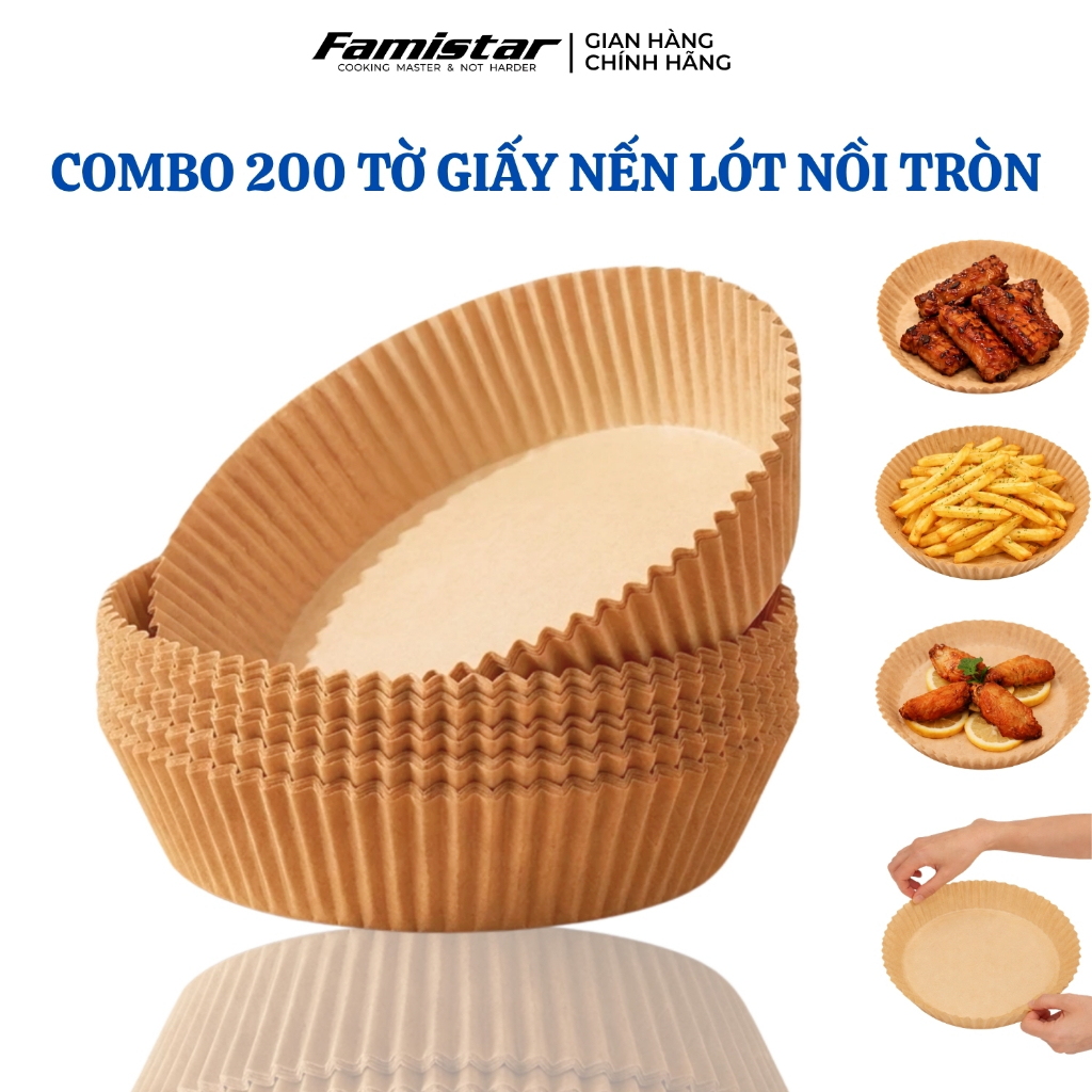 Combo 200 giấy lót nồi chiên ko dầu tròn, giấy nến nồi chiên không dầu, giấy nến nướng bánh tròn GN100 Famistar