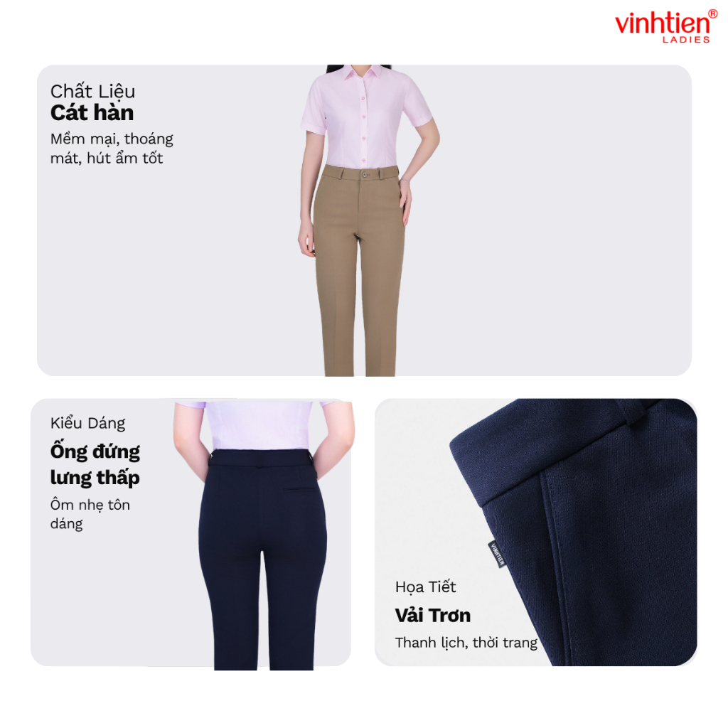 Quần âu nữ ống đứng lưng thấp Vĩnh Tiến , GTB 675, chất liệu vải mềm mịn thoáng mát đứng form.