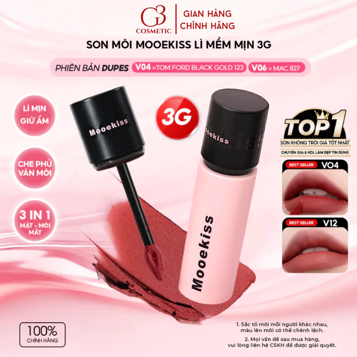 Son kem bùn MOOEKISS Velvet Lip Mud tint lì 3g mềm mịn chất son nhẹ môi, có dưỡng ẩm và giữ lớp trang điểm lâu trôi 3g