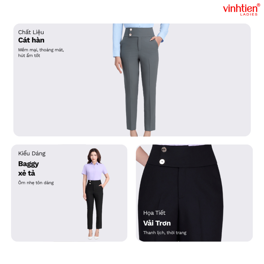 Quần Âu Nữ Baggy Cạp To Vĩnh Tiến , GTB 579, chất liệu vải mềm mịn thoáng mát đứng form.
