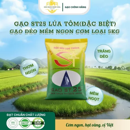 Gạo ST25 Thơm Ngon Gạo Sạch Ngọc Nga, Gạo St25 Lúa Tôm Bao 5kg Đặc Sản Sóc Trăng Mềm Ngọt Đạt Chuẩn