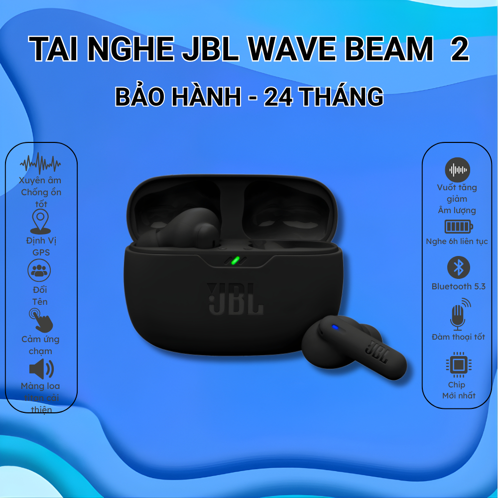 Tai Nghe Bluetooth JBL Wave Beam 2- Âm Thanh Siêu Bass- Pin 40H- Bluetooth 5.3- Kháng Nước IPX4. BH 2 Năm