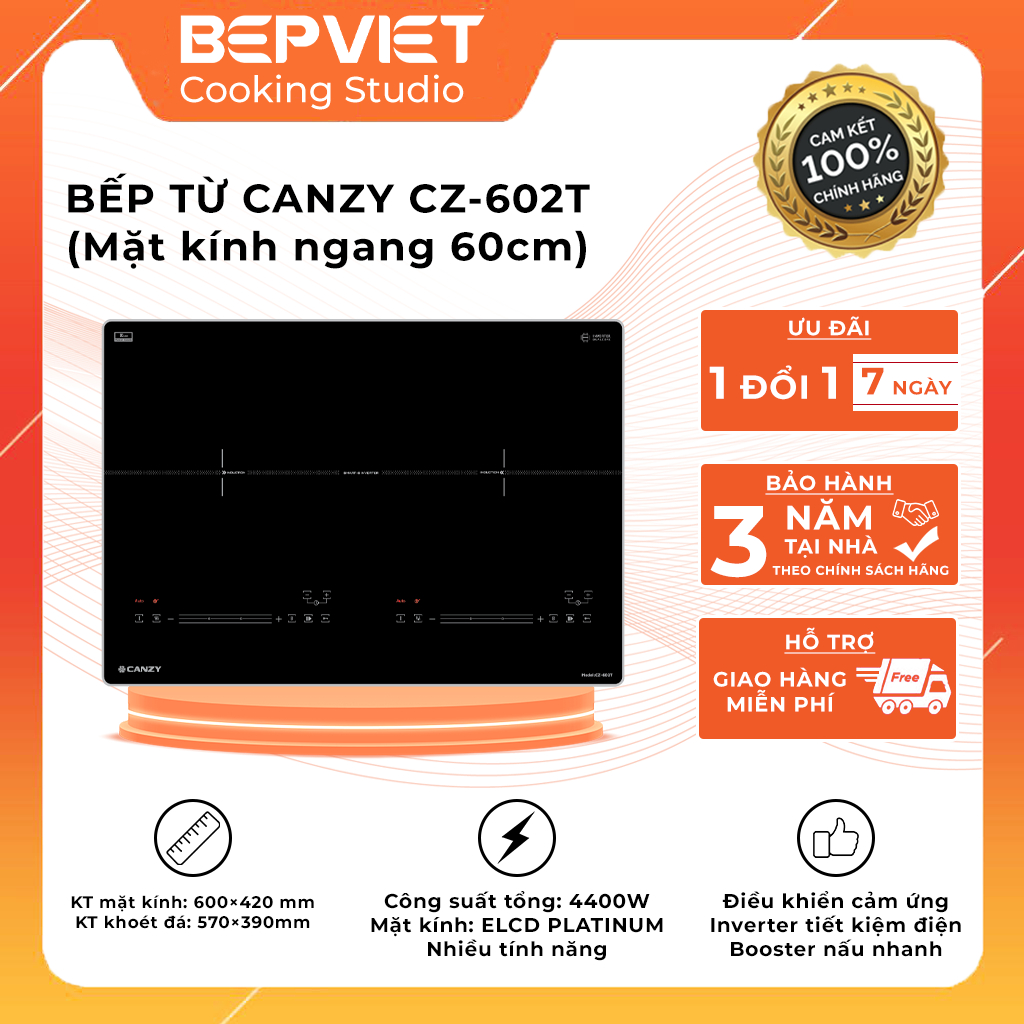 Bếp từ Canzy CZ 602T [Bếp 2 vùng nấu kích thước ngang 60cm rộng 42cm, inverter tiết kiệm điện, booster nấu nhanh]