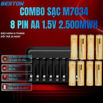 Combo sạc M7034 và 8 pin AA 1.5V 2500mWh pin karaoke, pin đồ chơi, pin đèn led, pin máy hút sữa