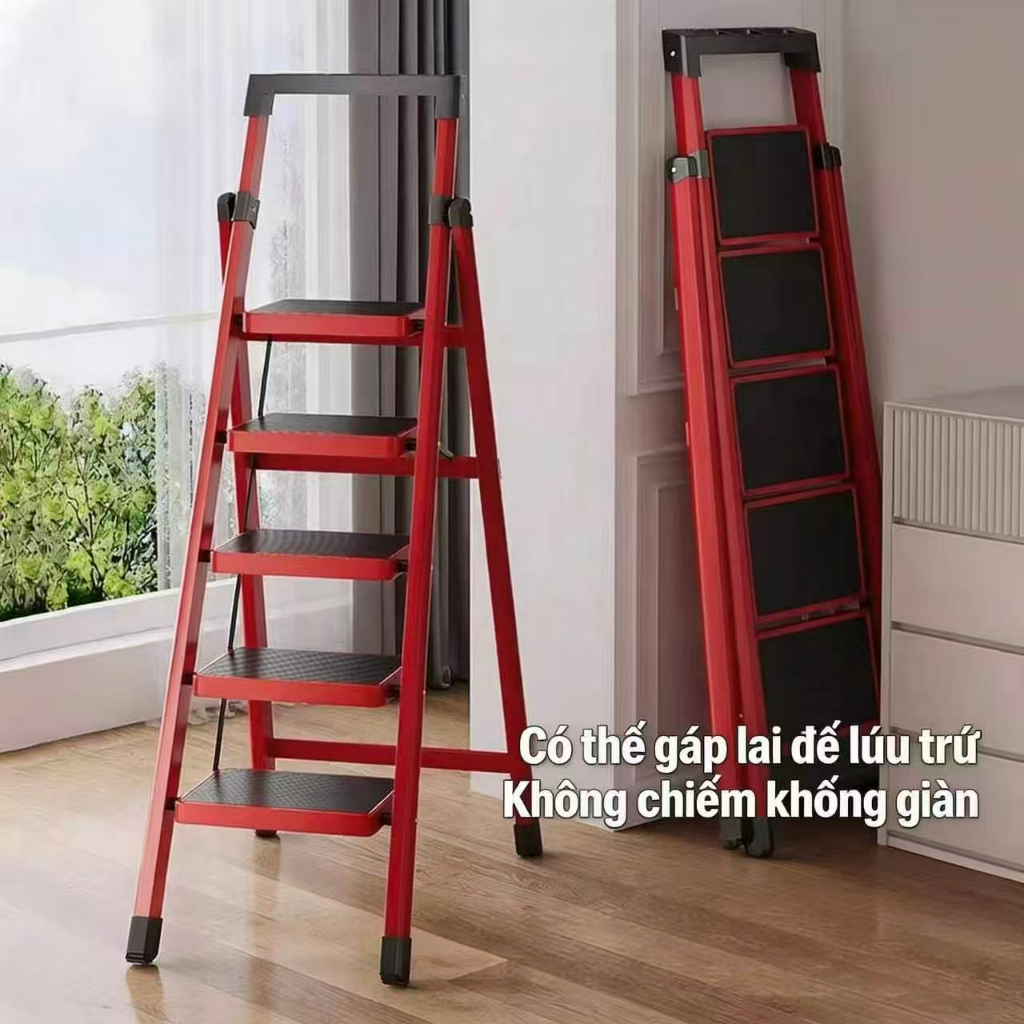 [🔥Bảo hành 2 năm] Thang Gấp Gọn Thang Chữ A Thang Nhôm Gấp Gọn 2-8 Bậc Tải Trọng 500kg Tặng phụ kiện Thang gia đình đỏ