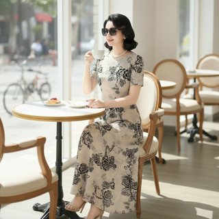 VÁY LỤA LM001 [45-85kg], Váy nữ thiết kế in họa tiết sang trọng, chất liệu Lụa mago cao cấp, không nhăn