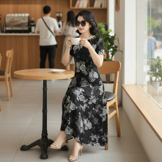 VÁY LỤA LM001 [45-85kg], Váy nữ thiết kế in họa tiết sang trọng, chất liệu Lụa mago cao cấp, không nhăn