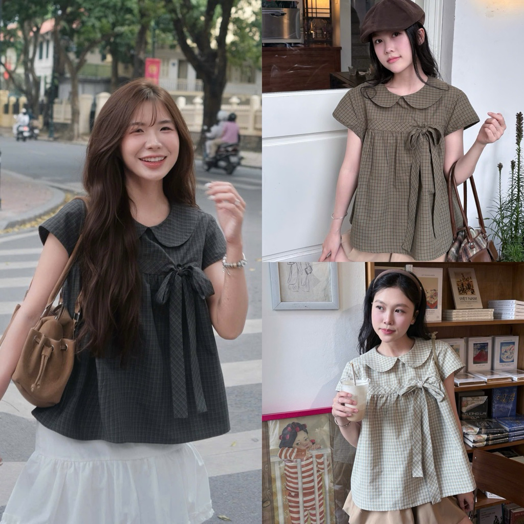 Áo babydoll KẺ CARO cổ sen cài nơ Nữ the.sweaterweather TSW