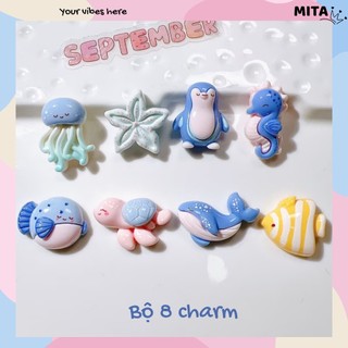 Bộ 8 Sticker, Charm 3D chủ đề Sứa xanh nhựa cứng gắn Dép Sục, Cá Sấu Mita JB-376