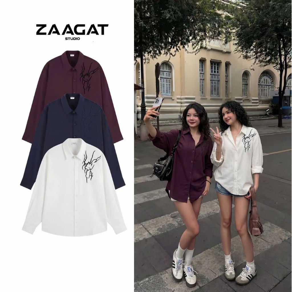 [MẪU MỚI] Áo sơ mi nam nữ ZAAGAT chất liệu kaki mềm cao cấp chi tiết thêu nổi form rộng-SƠ MI SET