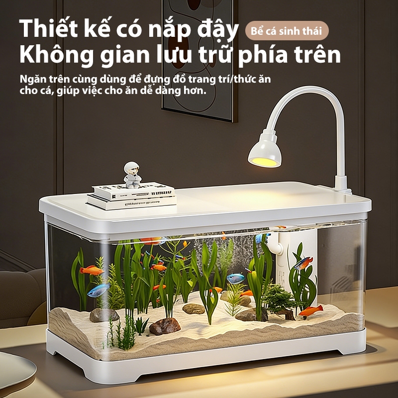 Bể cá Thủy sinh Hồ cá Mini Để Bàn Tích Hợp Lọc Ẩn Đèn Thủy Sinh Siêu Trong Suốt Cho Cá Cảnh