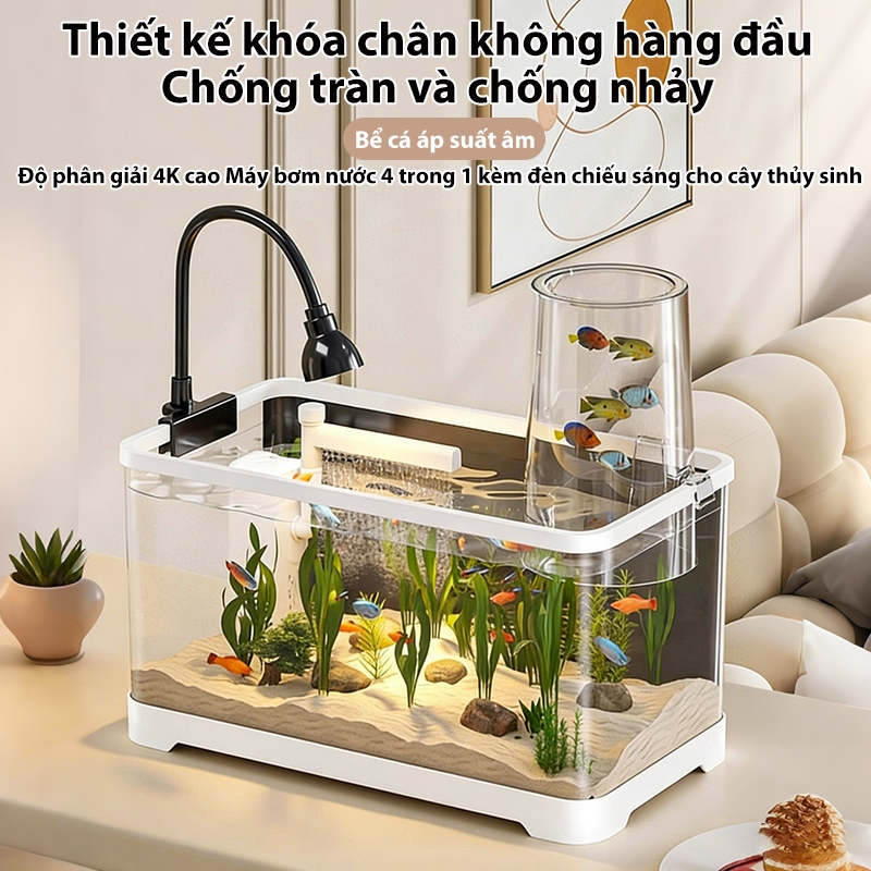 Bể cá Thủy sinh Hồ cá Mini Để Bàn Tích Hợp Lọc Ẩn Đèn Thủy Sinh Siêu Trong Suốt Cho Cá Cảnh