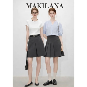 CV46 Chân váy midi xếp ly màu xám MAKILANA,chân váy dáng chữ A thiết kế cạp cao bộ sưu tập mùa Xuân 2026 dành cho nữ