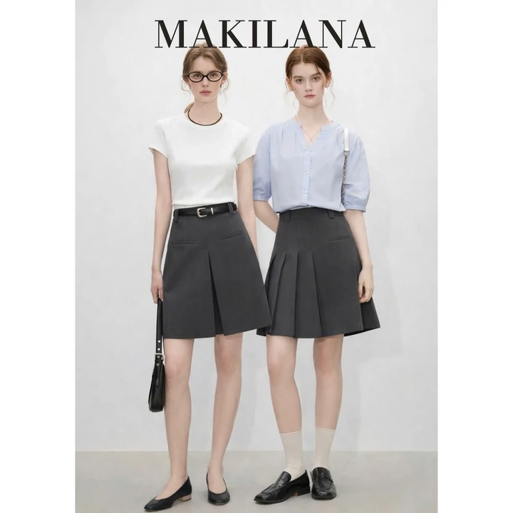 CV46 Chân váy midi xếp ly màu xám MAKILANA,chân váy dáng chữ A thiết kế cạp cao bộ sưu tập mùa Xuân 2026 dành cho nữ