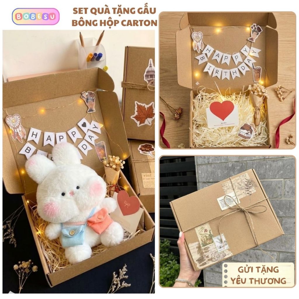 Set Quà Tặng Gấu Bông Hộp Carton Dễ Thương Kèm Đèn Led,Bó Hoa,Cờ Chữ,Thiệp Làm Quà Tặng Cho Bạn Trai,Bạn Gái, Bobesu