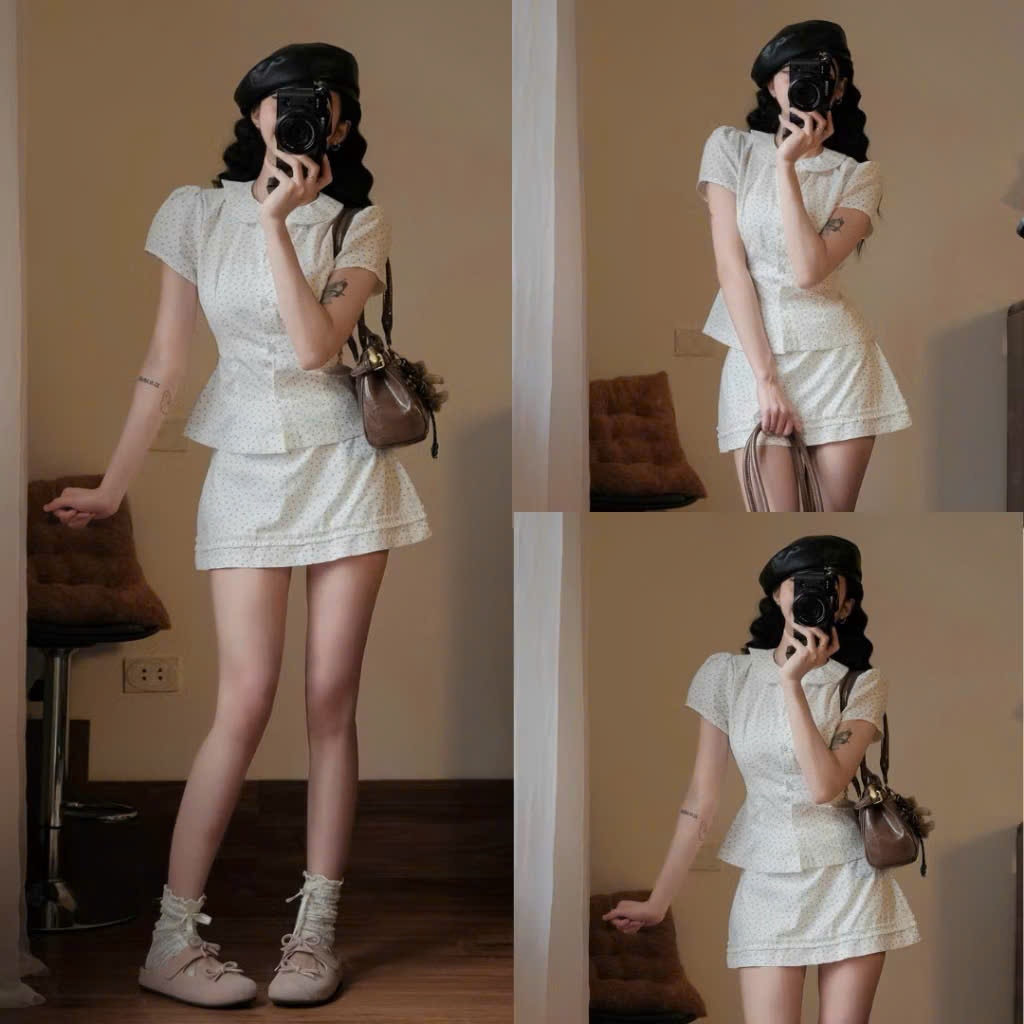 Set Áo Sơ Mi Cổ Sen Hoa Nhí Tay Phồng Nữ Tính Mix Chân Váy Chữ A Viền Bèo Dễ Thương Tôn Dáng Joolate Set130