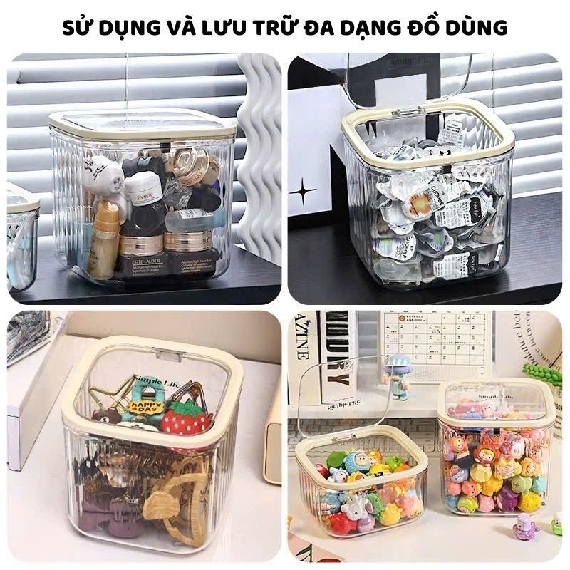 Hộp Đựng Đồ Trong Suốt Có Nắp Bật Hộp Đựng Mỹ Phẩm Phụ Kiện Dây Buộc Tóc Bông Tẩy Trang Đồ Cá Nhân Nhựa PET Titihome