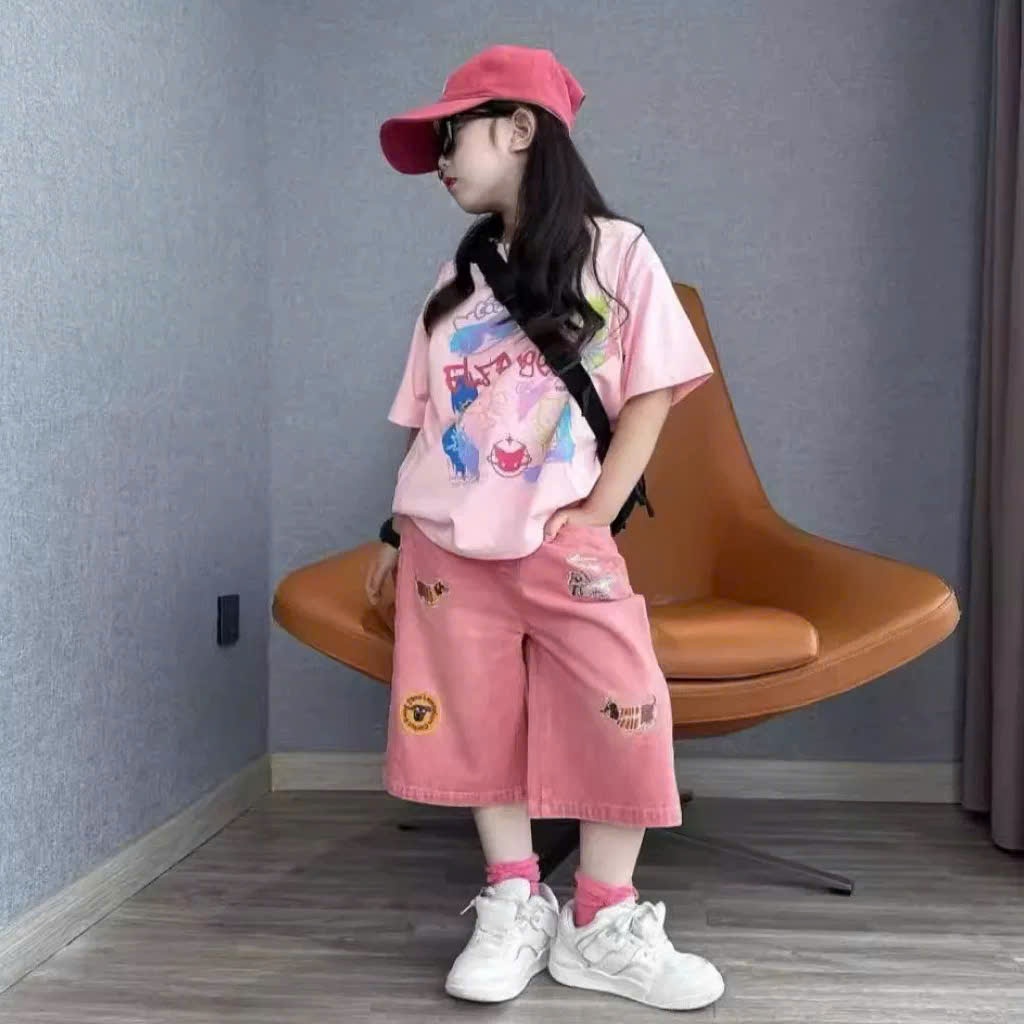 Set áo thun oversize & quần culottes hồng cá tính cho bé