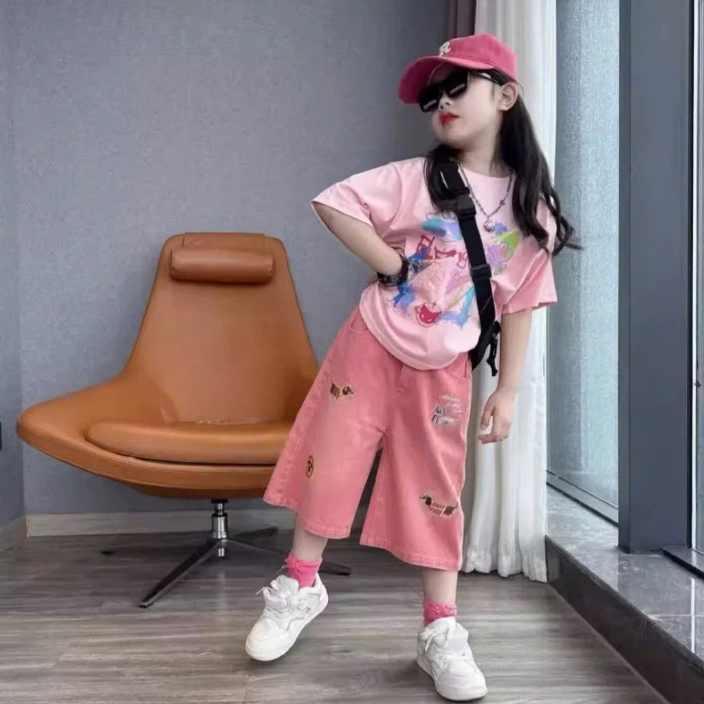 Set áo thun oversize & quần culottes hồng cá tính cho bé