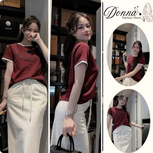 Set đồ nữ Dona HCOM25286, áo thun cộc thay cổ tròn mix chân váy dài body cạp chun