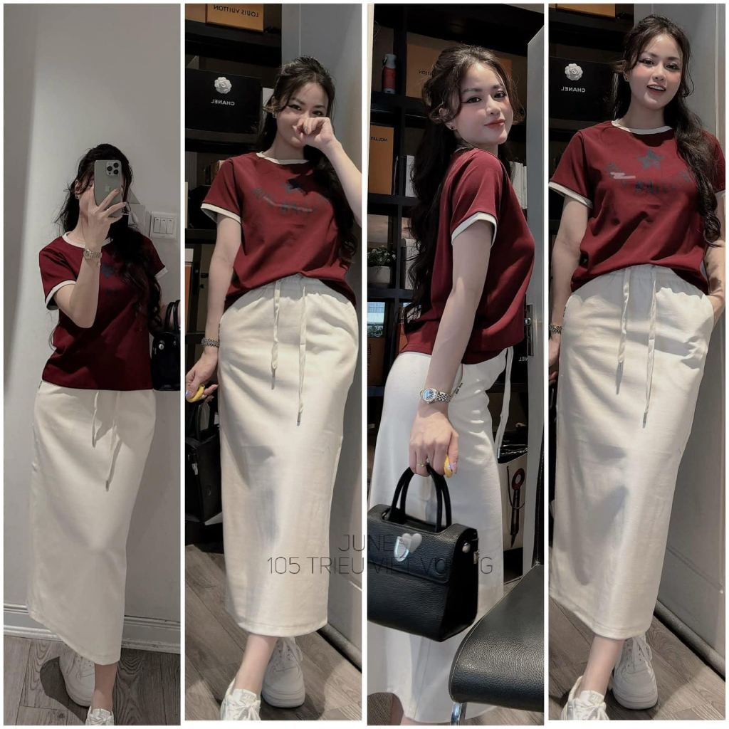 Set đồ nữ Dona HCOM25286, áo thun cộc thay cổ tròn mix chân váy dài body cạp chun