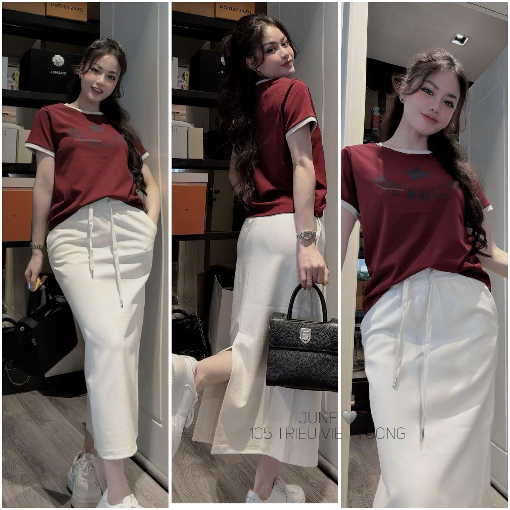 Set đồ nữ Dona HCOM25286, áo thun cộc thay cổ tròn mix chân váy dài body cạp chun