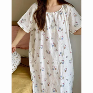 Đầm ngủ tay ngắn dáng suông chất đũi mát cotton tencel hoạ tiết hoạt hình