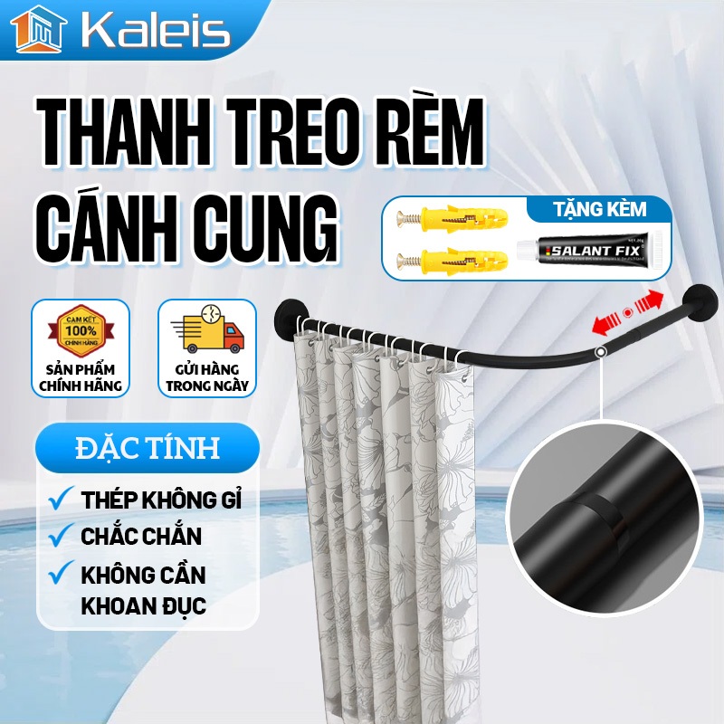 Kaleis Thanh Treo Rèm Nhà Tắm Chữ L Co Giãn 70-130cm Không Cần Khoan, Chống Trượt, Dễ Lắp Đặt