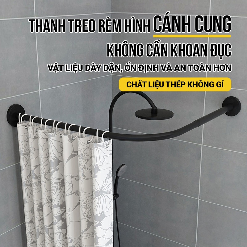 Kaleis Thanh Treo Rèm Nhà Tắm Chữ L Co Giãn 70-130cm Không Cần Khoan, Chống Trượt, Dễ Lắp Đặt