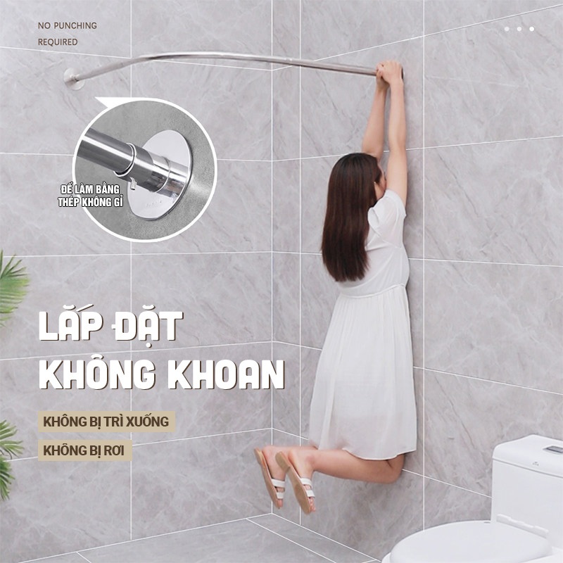 Kaleis Thanh Treo Rèm Nhà Tắm Chữ L Co Giãn 70-130cm Không Cần Khoan, Chống Trượt, Dễ Lắp Đặt