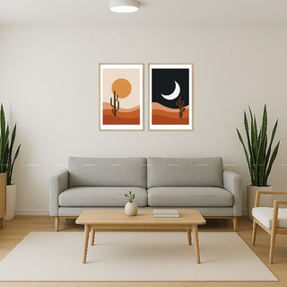 Bộ 2 tranh dán tường phong cách Boho, nghệ thuật decor, trang trí phòng, quán cafe, có sẵn keo dán