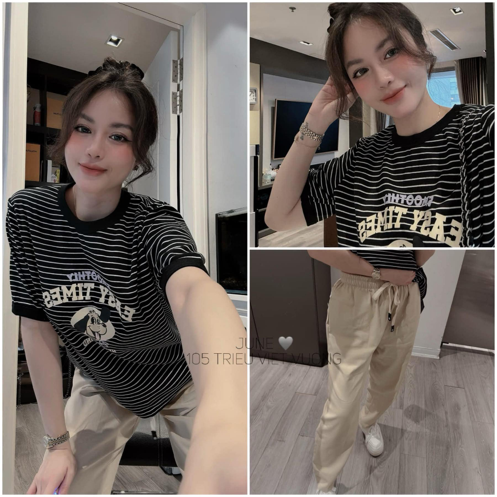 Set đồ nữ Donna HCOM25281,áo thun cộc tay in họa tiết cun phối quần suông cạp chun co dãn