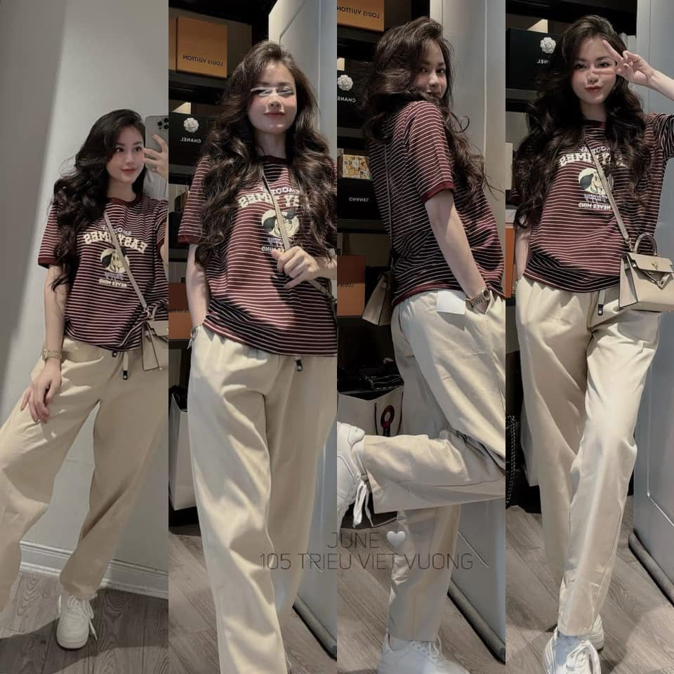Set đồ nữ Donna HCOM25281,áo thun cộc tay in họa tiết cun phối quần suông cạp chun co dãn