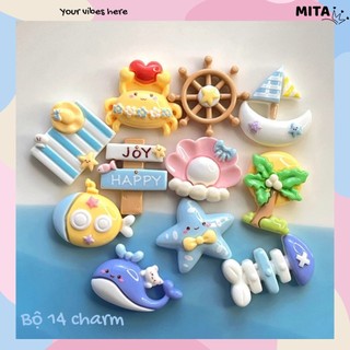 Set 14 Sticker, Charm 3D chủ đề Bãi Biển DIY Mita gắn Dép Sục, Cá Sấu JB-70
