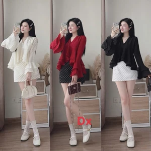 Set áo tơ phối váy mango chấm bi tiểu thư nhẹ nhàng tay loe xếp tầng hot trend