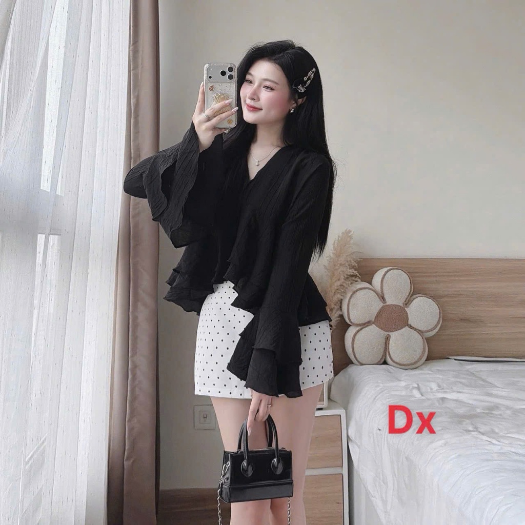 Set áo tơ phối váy mango chấm bi tiểu thư nhẹ nhàng tay loe xếp tầng hot trend