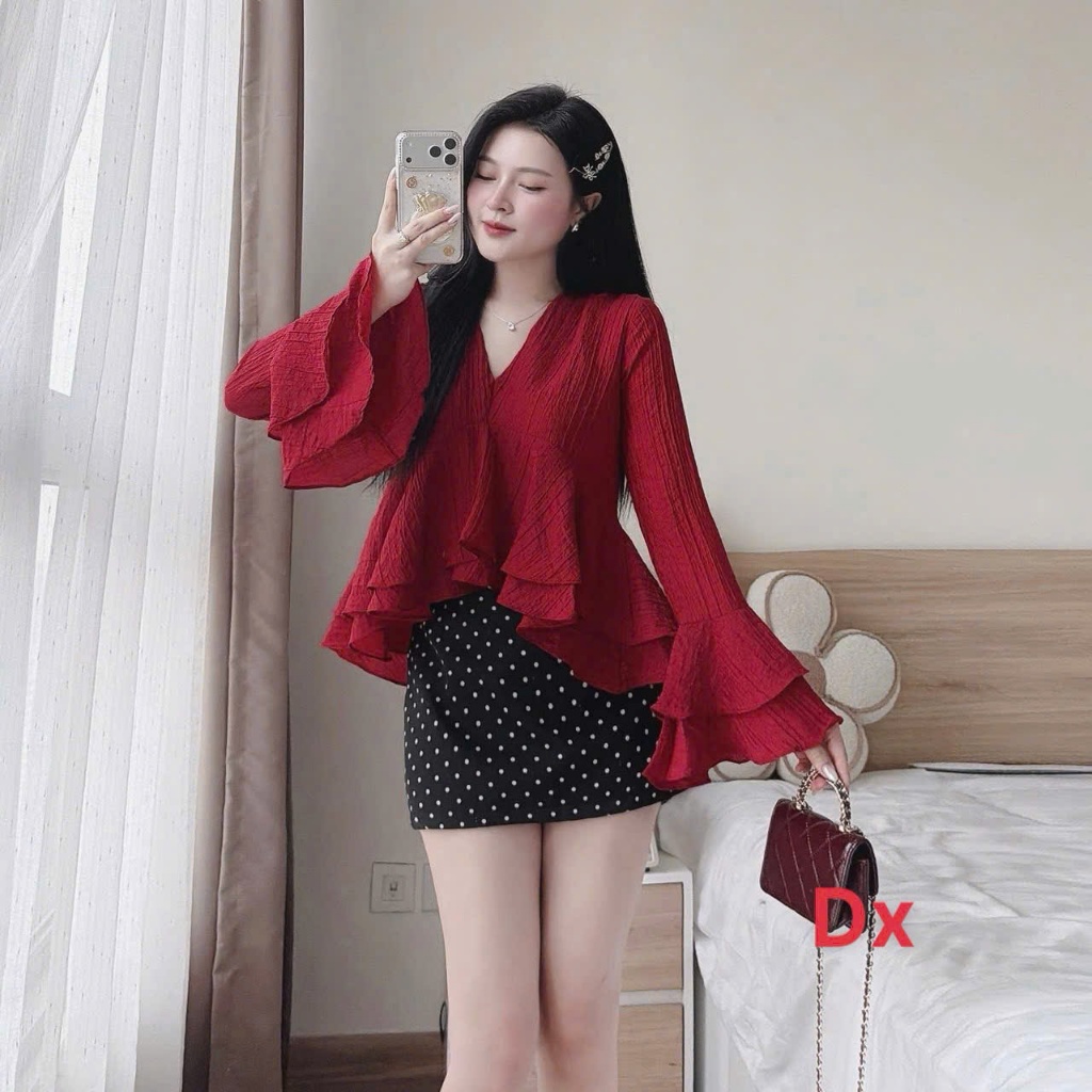 Set áo tơ phối váy mango chấm bi tiểu thư nhẹ nhàng tay loe xếp tầng hot trend