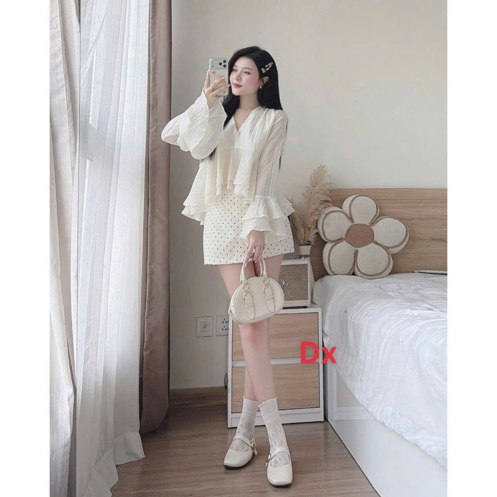 Set áo tơ phối váy mango chấm bi tiểu thư nhẹ nhàng tay loe xếp tầng hot trend